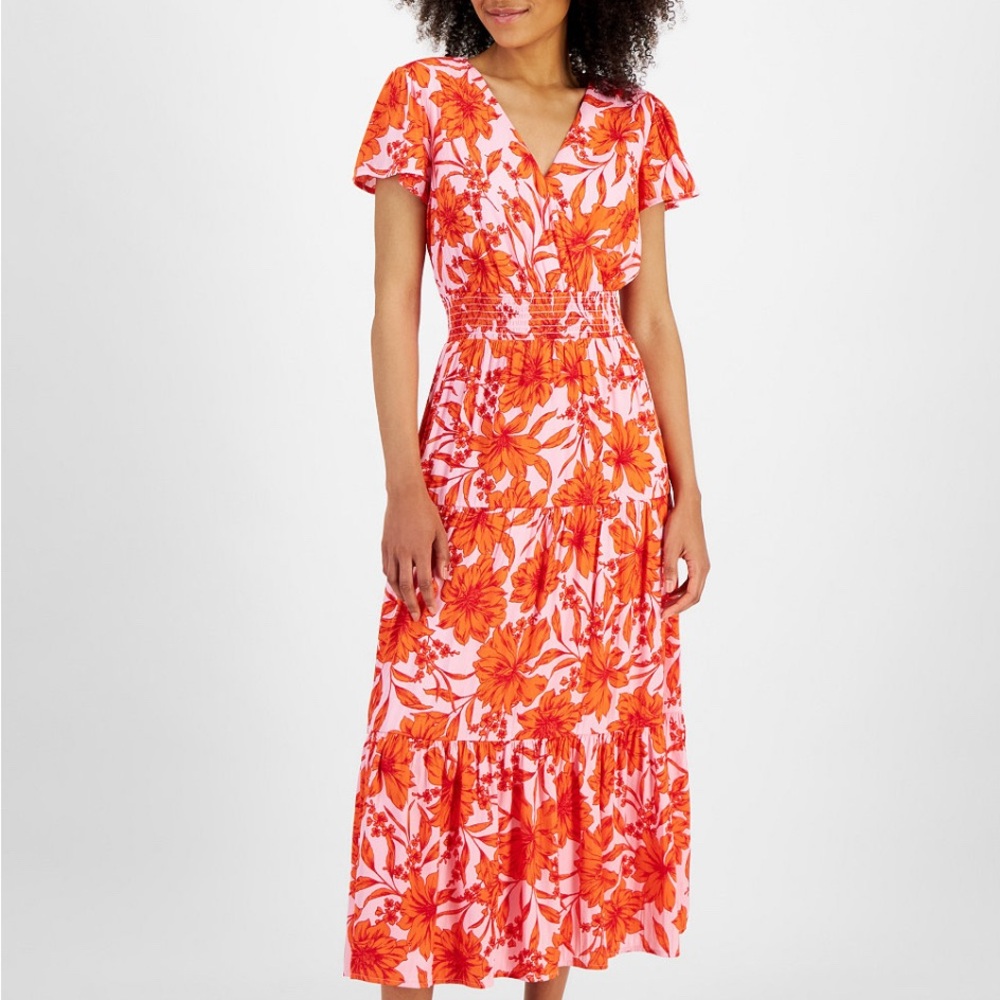 Tinsel Orange Flutter Sleeve Midi Dress with Ruffled Skirt